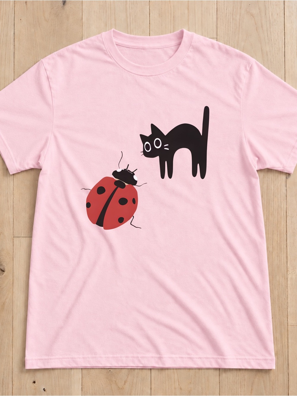 Gildan Pink Black Cat and Red Ladybug Graphic Tee